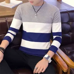 Wiosenna jesień mężczyzn Sweter Big Stripe Streetwear Casual Slim Fit Ubranie męskie Krzyki z długim rękawem ONECK C252 210804