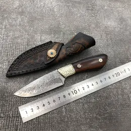 Damaszek Prosty stały nóż Handmade Wysoka twardość Z Skórzaną Płaszczem Kemping Outdoor Hunting Cutter Utility EDC Self Defense Narzędzie Noże Kieszonkowe