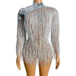 Silver Mirror Sequins Tassel Bodysuit Stage Wear Sexy Backless Transparent Fringe Mesh Leotard DJ Dancer Team Performance Clothes Nightclub Bar Rave Show Costume