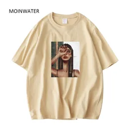 Moinwater Abstrakt Skriv ut T-shirts för kvinnor Khaki Grön bomull Kortärmad Sommar Toppar Lady Oversized Tees MT21039 220408