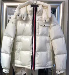 2023 Дизайнерский мужской нейлон вниз по бомберной куртке блестящий аппликационный съемный капюшон карман карман на молнии NFC Сканирование теплое пальто