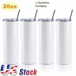 US Stock 20oz White SubliMation Straight Tumbler Blanks Dubbel 304 Mugg med halm rostfritt stål Vakuumkopp Vattenflaska SXMY27