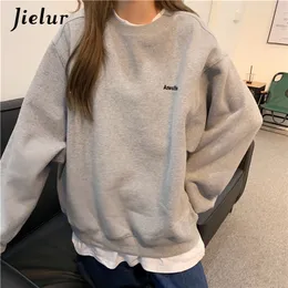 Jielur Orange Gray Swefshirt Women MXL مزيفة من قطعتين mxl size هوديي أنثى فضفاضة كوريا الصوف الشارع خطاب التطريز 220812