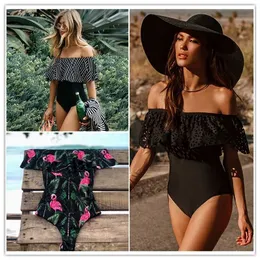 Sexy Swimsuit Classic Off Shoulder Women Swimwear Ruffle Monokini Retro Black Bodysuit Vintage Bathing Suit Girls T200114