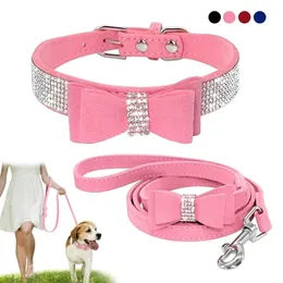 Bling Leder Hund Katze Halsband Leine Set Kristall Diamanten Niedliche Schleife Welpe Kleine Hunde Y200515