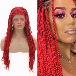 합성 가발 Quinlux Red Crochet Box Brawiding Hair for Women Lace Front Wig Micro Braided Heattance Fiber Cospay Kend22