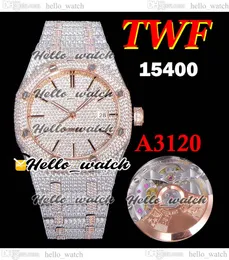 2022 V2 15400 A3120 Automatyczna męska zegarek Paved Diamonds Stick Markery w pełni oblasowane Diamentowe zegarki Dwiec Rose Gold Steel Super Luksusowa Edycja Bling Jewelry