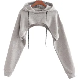 Kadınlar Düz Renk Uzun Kollu Drawstring Hoodies Seksi Kesim Sırtsız Süper Kısa Sweatshirt Harajuku Kazak Mahsul Top 220812