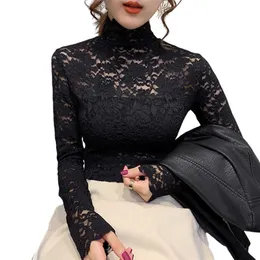 Autumn Women Thin Black Lace T shirt Sexy Turtleneck Long Sleeve Slim Crochet Patchwork Tee Tops WDC6074 220728