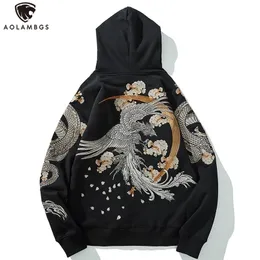 Aolamegs Men's Fleece Hoodies Japanese Hooded Sweatshirt Dragon Phoenix Embroidery Autumn Retro Casual Pullover High Street Tops 220402
