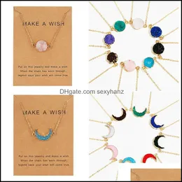 Anhänger Halsketten Anhänger Schmuck Make A Wish Card Druzy Drusy Frauen Harz Mond Handgefertigte Goldketten für weibliche Weihnachtsfeier Geburtstag