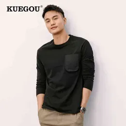 Kuegou 2022 Spring 100% bawełniana czarna czarna koszulka Mężczyźni Slim Tshirt marka T-shirt z długim rękawem Mężczyzna Zuży