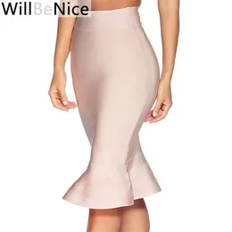 WillBeNice Arrival Nude Mermaid Fishtail High Waist Knielange Bandage Bleistiftröcke 210306