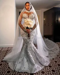 Saudi Arabia Crystal Mermaid Wedding Dress Illusion High Neck Long Sleeve Plus Size Bridal Gowns Beads Bride robes de mariee CC