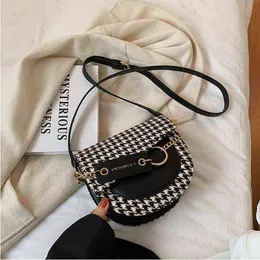 HBP Crossbody Bag Houndstooth Tyg och PU -läder för kvinnor Kontrast Färg Små runda axel damer Purses HBAGS 220727