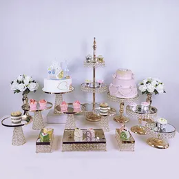 Andra Bakeware Crystal Cake Stand Set av 5-14 st/Lot Round Gloss Shiny Metal dessert Cupcake Pedestal Wedding Party Display med pärlor annan