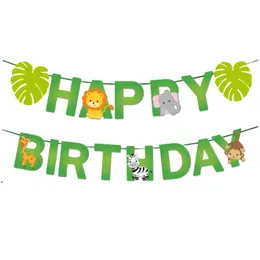 Party Decoration Cartoon Animal Happy Birthday Banner Flag Forest Safari Jungle tema Bunting Kids Boy Girls Decorations Party