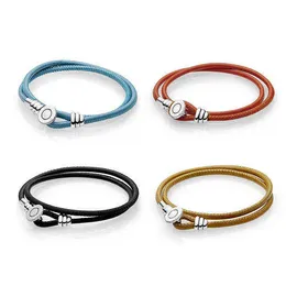 NEW 2018 NEW 925 Sterling Silver Moments Black & Golden Tan & Spicy Orange Double Leather Bracelet with Button Clasp Gift AA220315