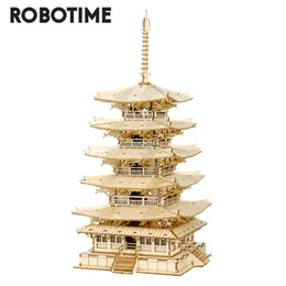 Robotime Rolife 275st DIY 3D Five Storied Pagod Träpusselmontering Konstruktör Toy Gift for Children Teen Adult TGN02 220715