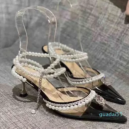 Fashion-High Heels Dress Shoes Pearl Rhinestone Fashion Pointed Transparent Sandals Women's Heel