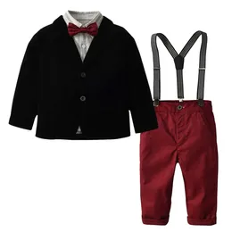 Stripe Fashion Boys Outfits Kids Lapel Long Sleeve Shirt+blazers Outwear+suspender Pants+Bows Tie 4pcs Sets Children Gentleman Sets