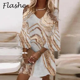 Women Fashion Flare Sleeve Boho Beach Dresses Lady Patchwork V-Deace Party Dress Women Vintage Print Loose A-Line Dress 220615