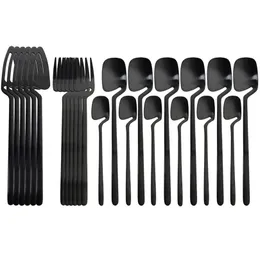 24pcs Black Cutlery Set Spoon Fork Knife Tableware Kitchen Decor Dinnerware s Ice Cream Desserts Soup Coffee Use 220307