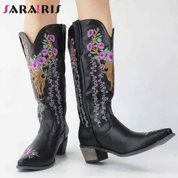 Boots 2022 Autumn Winter Niche Designer Brand Western Mid Calf Boots Halloween Sheep Skull Embroider Cowboy Boots Cowgirl Shoes Woman G220813