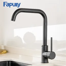 Fapully Kitchen Faucet 360 부엌 고무 디자인 용 검은 색 믹서 수도꼭지 회전 핫 및 콜드 데크 장착 크레인 AEF0012 T200423