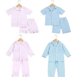 Cotton Stripe Seersucker Summer Pajamas Sets Boutique Home sleepwear For Kids Boy And Girl12m-12years Button Up Pjs 220706