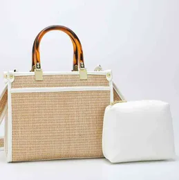 New Straw Mat Woven Handbag Yakeli Hand-in-hand Large Capacity Single Shoulder Mother Bag Contrast Color Straw Woven Bag 220614