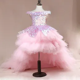 Prinzessin Blumenkleider Tüll Tüll Bogengerüste Stufte Ruffle Girls Festzugskleid Paine Puffy Kids Hi-Low Party Gowns 403