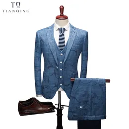 Tianqiong Przyjazd biznesowy Formalna impreza Jacquard Groom Blue Grey Wedding Suit for Men 3pcs Set 201106