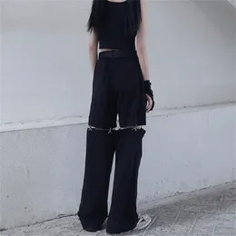 Black Cargo Pants Women's Punk Oversized Cutout Wide Leg Pocket Trousers for Women 220812