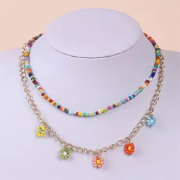 Chains Pieces/setBohemian Hand-woven Rice Beads Flower Multilayer Necklace Beach Style Beaded Ladies Collar PerlasChains