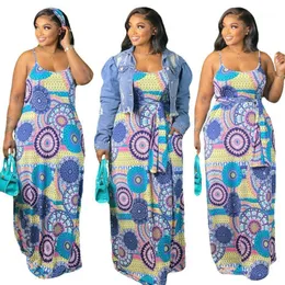 Casual Dresses 2022 Kvinnor Plus Size Summer Fashion Printing Loose Sling Mopping Dress