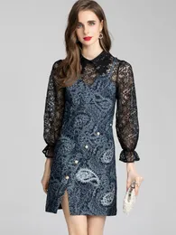 Casual Dresses Red RoosaRosee Flare Sleeve Sexy Perspective False Two Piece Lace Print Dress Women Designer Autumn 2022 Vestidos Robe FemmeC