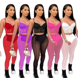 Novo design malha sólida ver através de tracksuits para mulheres sem mangas sling colheita superior e calças magras sexy discotackclub dois sets fa8210