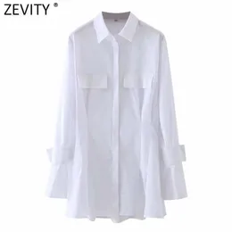 Zevity Женщины элегантные складки нерегулярные белые мини -платье рубашки Женщина просто повседневная стройная варнидо шикарная одежда DS4941 210603