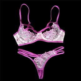 Sexy Bra and Panty Set Ultra-thin Gauze Embroidered Underwear Lingerie Crotchless Panties Lace Bra Set Transparent Intimates LJ201211