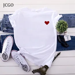 JCGO夏の綿の女性のハートプリントTシャツS-5XLプラスサイズの半袖ティートップスカジュアルシンプルOネック女性Tシャツ220408