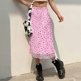 Grunge Fairycore Midi Skirt Pink Floral Print Mesh Skirt Women Soft Girl Aesthetic Y2K Outfit 220523