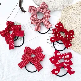 Cute Small Red Bow Butterfly Elastic Hair Band Dot Solid Striped Plaid Rubber Circle For Girl Ponytail Holder Hair Accessories AA220323