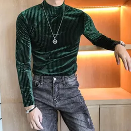 القمصان للرجال Velours Homme 2022 Autumn Heren Velvet T Shirt Green Turtleneck Khaki Shirts Mens Stripe Slim Fit Retromen's Imon22