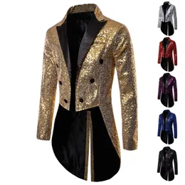 반짝이는 금 스팽글 반짝이는 테일 코트 정장 재킷 남성 이중 가슴 웨딩 웨딩 신랑 턱시도 블레이저 남자 파티 무대 무기 의상 220527