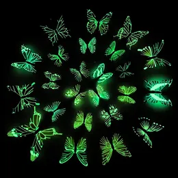 12pcs lote luminoso borboleta 3d adesivo de parede colorido borboletas decalques brilhantes adesivos de quarto diy quarto decoração de casa 220716