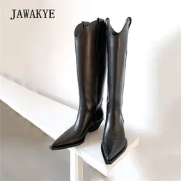 JAWAKYE New genuine leather pointed Toe Knee high boots women Square Kitten heels female Winter long boots Cowboy Knight boots 201109