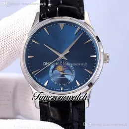 Master Ultra Thin Q1368430 Mondphasen-Automatik-Herrenuhr, Stahlgehäuse, blaues Zifferblatt, silberne Strichmarkierungen, schwarzes Lederarmband, Zeitzonenuhr Y10d4