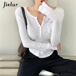 Jielur Tshirt Manches Longues et col en v pour femme serme et sexy avec boutons de poche la mode 220811