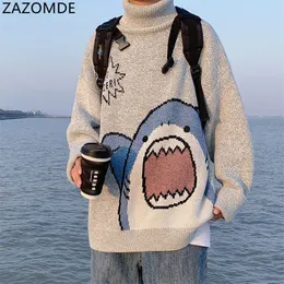 Zazomde Men Turtlenecks Shark Sweater Winter Patchwor Harajuku على الطراز الكوري المرتفع الرقبة الضخمة الرمادية الحجم ل 220812